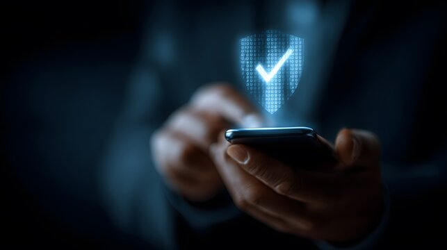 Businessman using smartphone with checkmark and data security shield