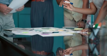 Paper, group or hands of business people in meeting for account, budget review or economic data. Collaboration, talk or financial team in office with investment project, report or research documents - Powered by Adobe