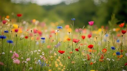 A vibrant field of colorful wildflowers blooming in a green meadow