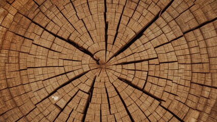 Fototapeta premium Top View of Natural Tree Trunk Cross Section Showing Growth Rings and Cracks for Wood Texture Background Design, Rustic, Organic, Brown Colors, Forestry, Nature Detail Pattern