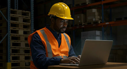 Focused Warehouse Worker Using Laptop Night Shift Inventory Management Efficient Logistics