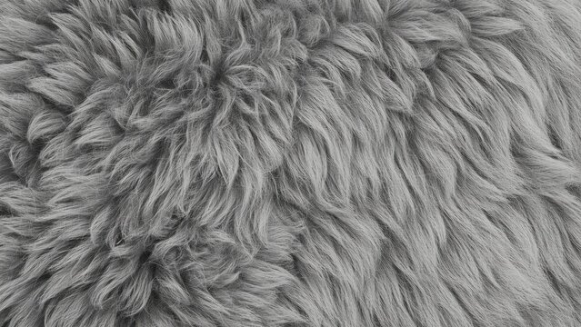 Texture of soft gray faux fur fabric close-up for cozy winter fashion, home decor, textile design, warm background, plush surface, fluffy detail, neutral tones, comfort, and elegance