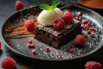 Elegant Chocolate Dessert Garnished with Fresh Raspberries and Vanilla Ice Cream on a Dark Plate