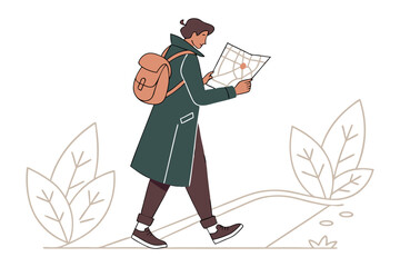 A person with a backpack walks while looking at a map navigating through a stylized outdoor environment with leaves and a path
