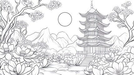 Obraz premium Oriental pagoda scene, blossoms, nature, mountains, sun, pond, coloring book landscape