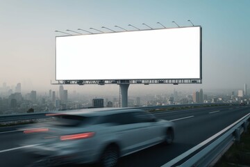Blank billboard on highway with motion blur car and cityscape background, with empty blank space for text copy space or mockup design, high detail, 8k