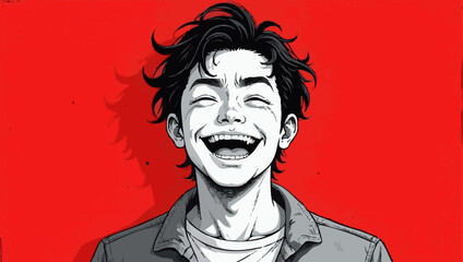 Joyful Manga-Style Portrait of Laughing Young Man on Red Background