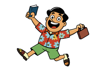 Excited cartoon man in hawaiian shirt and shorts jumps with joy holding a book and briefcase ready for adventure
