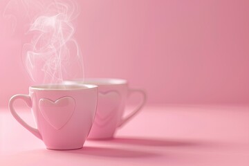 Mockup white coffe two cup or mug on a pink background  Hot drink steam in the form of heart