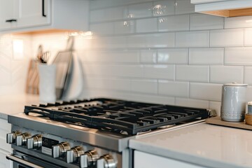Modern kitchen details of white granite counter, gas stove, and white tile backsplash