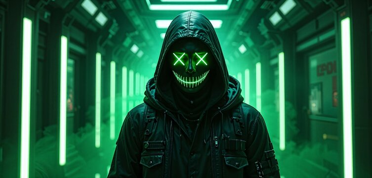 Cyberpunk Hacker with Neon X Eyes Mask in Futuristic Green Hallway