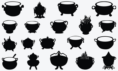 Halloween Cauldron Silhouette Vector Bundle, Witches Cauldron Silhouette Vector Art White Background, Set Of Varied Design For Halloween Decor.  