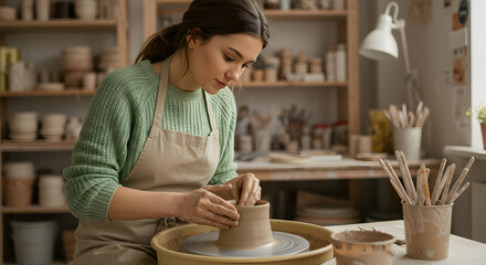 Young woman craftsperson creating pottery on a wheel in her workshop studio art handmade craft clay ceramic