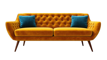 Fototapeta premium Mustard yellow velvet sofa with teal pillows isolated on transparent background