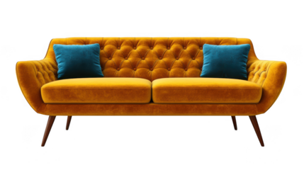 Mustard yellow velvet sofa with teal pillows isolated on transparent background