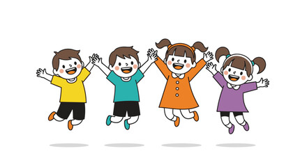 A Diverse Group of Happy Children Holding Hands and Joyfully Jumping Together in Celebration