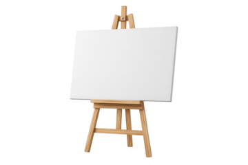 Wooden easel with blank white canvas isolated on black background.