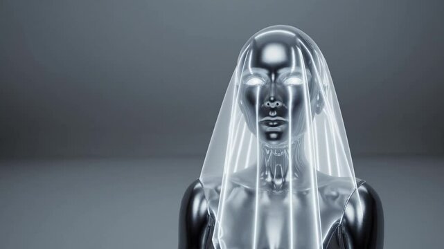 Femme andro&iuml;de chrom&eacute;e sous voile futuriste