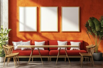 detailed picture of Mockup frames in cafe with red sofa and wooden table with chairs high detail
