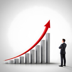Exponential Growth A Businessman Contemplating a Rising Bar Graph with a Red Arrow Symbolizing Financial Success Market Expansion and Positive Business Trends
