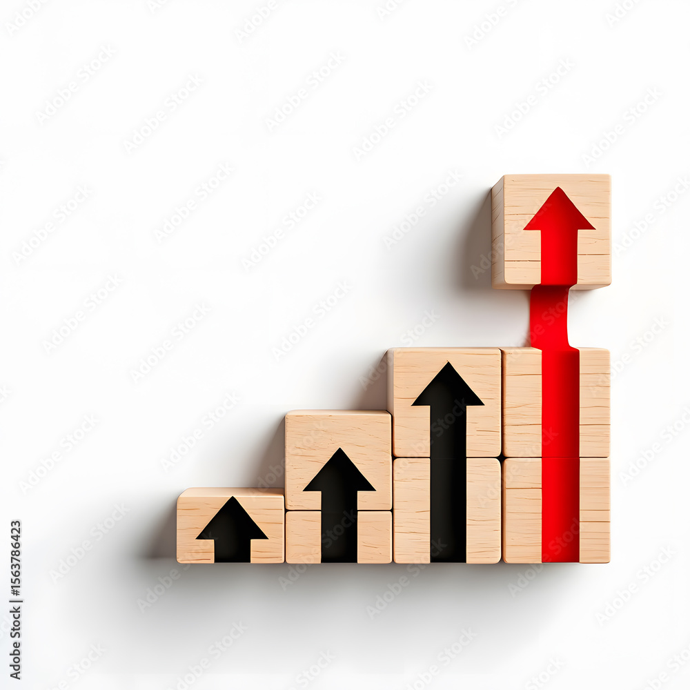 Poster stacked wooden blocks with upward arrows a symbolic representation of growth and progress with a red