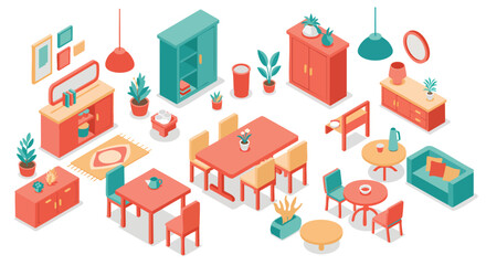 Modern Isometric Home Furnishings and Decor Elements Collection with Stylish Furniture Pieces