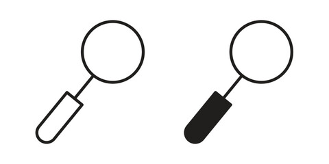 Magnifying glass icon. Flat and stroke versions. Graphic elements.