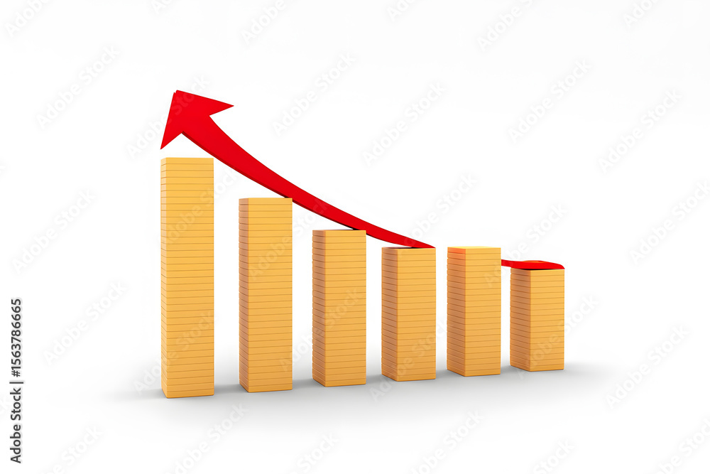 Poster declining bar graph with a red arrow pointing downward, illustrating a decrease in sales, revenue, o