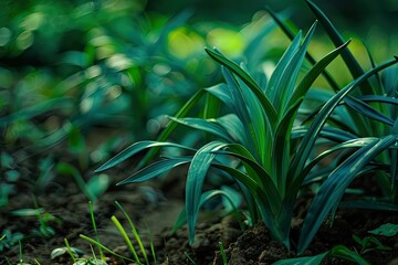 Ultra Quality Picture of Green Leek Leaves in Growth at Vegetable Garden