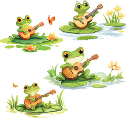 Funny cartoon green frog character smiling on a leaf