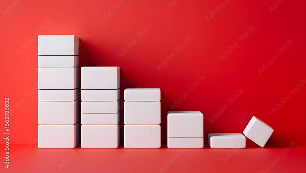 Poster declining bar chart representing economic downturn and market crash with falling stacks of blocks ag
