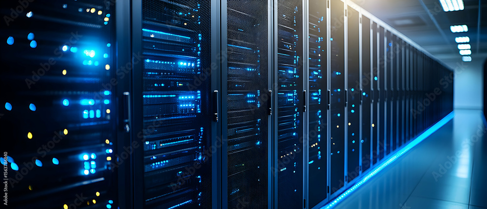Poster modern data center server room with rows of powerful computer servers glowing with blue lights, show