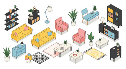 Fototapeta premium Vibrant Isometric Home Interior Furniture and Decor Objects Collection on White Background