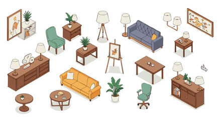 Detailed Isometric Home and Office Furniture Set with Modern Interior Decor Elements