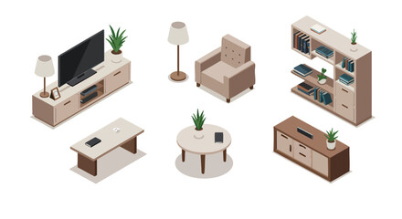 Isometric Home Interior Furniture Collection with Modern Living Room and Study Decor Elements