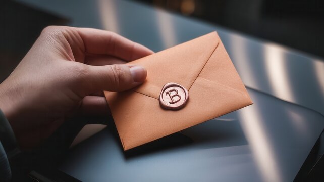 Elegant hand holding sealed envelope conveying personalized communication