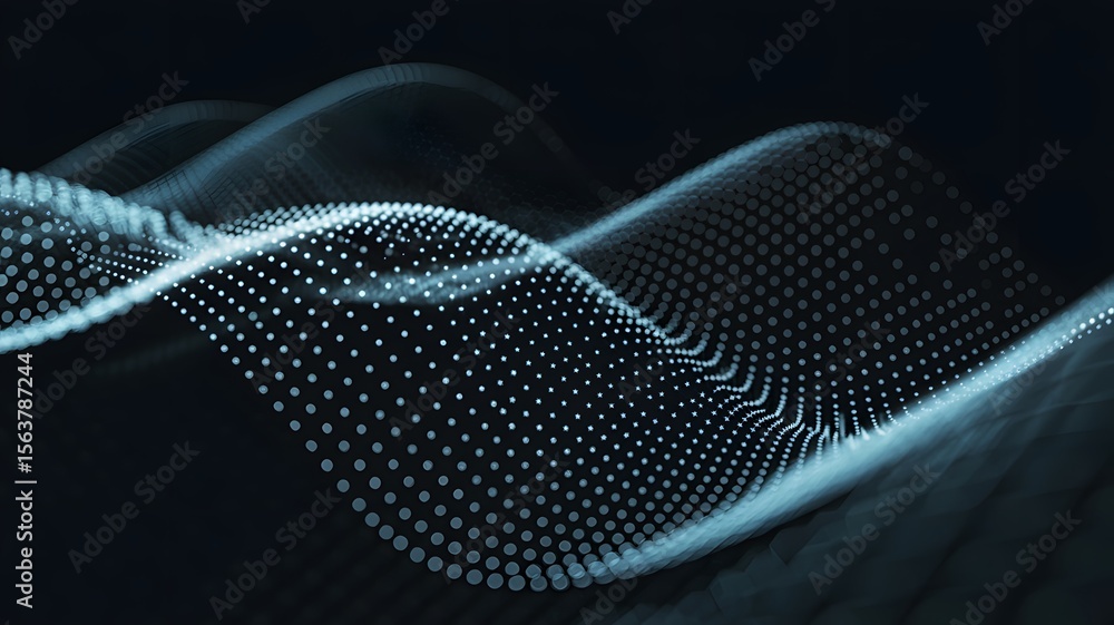 Poster abstract digital waves formed from white dots on a dark background conveying data movement