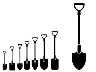 Collection of black shovel tools for gardening and digging soil equipment, silhouette vector