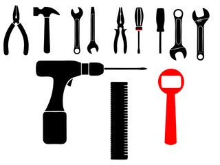 Set of vector silhouettes of tools, hand tools, power tools and repair equipment