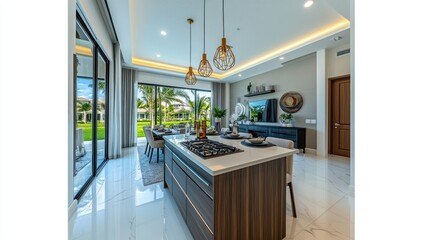 Modern kitchen with an expansive view.