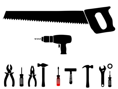 Hand tools silhouette vector illustration saw drill hammer screwdriver wrench pliers, vector