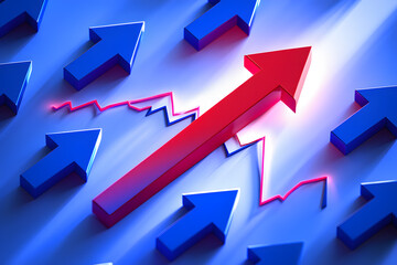 Dynamic Business Growth Illustration with Upward Trending Arrow and Data Line on a Blue Background for Financial Success and Market Improvement