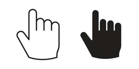 Pointing hand icon. Flat and stroke versions. Graphic elements.