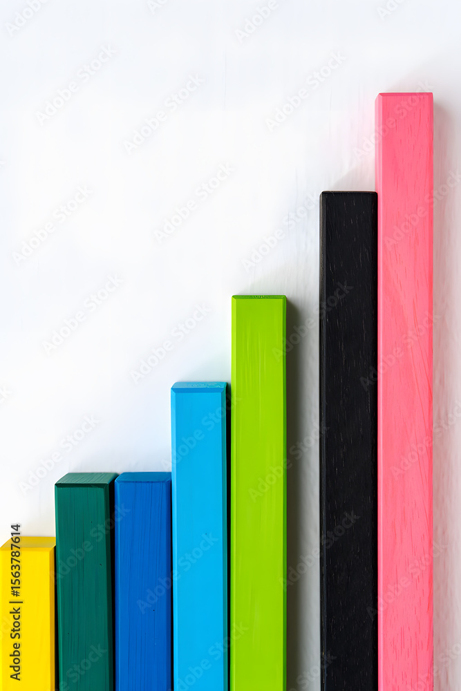 Poster colorful wooden blocks arranged as a rising bar graph on a white background symbolizing growth and p