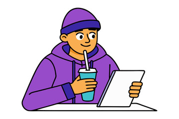 A cheerful young person wearing a purple beanie and hoodie holding a beverage and looking at a tablet computer