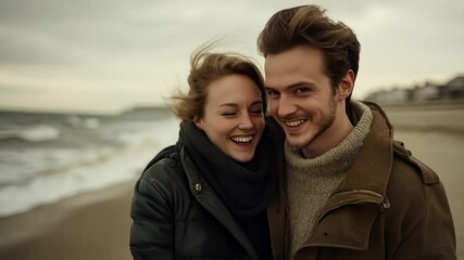 Loving couple embracing romantic moments by the sea - Powered by Adobe