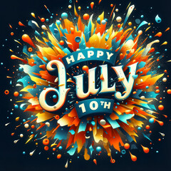 Vibrant and explosive design celebrating July 10th with colorful splashes and playful typography