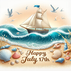 Serene coastal scene celebrating July 17th with a sailing ship and seashells in a tranquil setting
