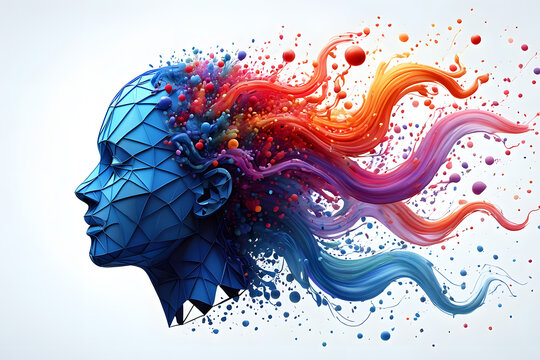 Unleash Your Creative Potential A Stunning 3D Render of a Human Head Exploding with Vibrant Colors and Abstract Shapes Against a Clean White Backdrop