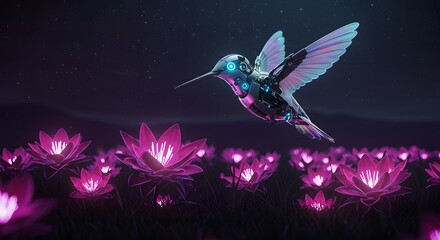 Futuristic Robotic Hummingbird and Glowing Flowers in Sci-Fi Garden